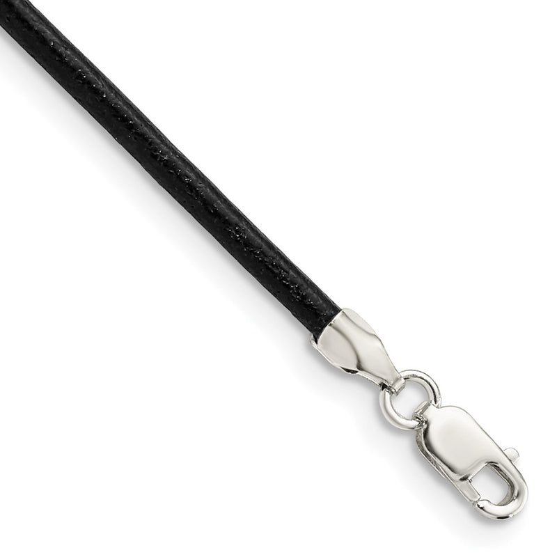 Sterling Silver 16Inch 2mm Black Leather Cord Necklace