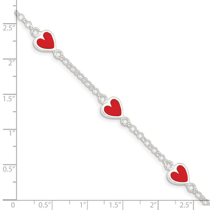 6 Inch Sterling Silver Polished & Red Enamel Heart W/ 1In Ext Children'S Bracelet