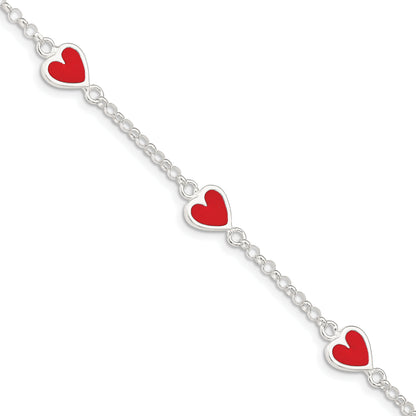 6 Inch Sterling Silver Polished & Red Enamel Heart W/ 1In Ext Children'S Bracelet
