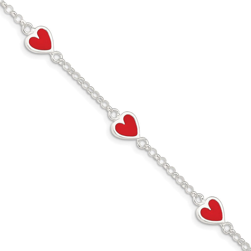 6 Inch Sterling Silver Polished & Red Enamel Heart W/ 1In Ext Children'S Bracelet
