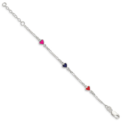 6 Inch Sterling Silver Polished & Multi-Color Enameled Hearts With 1 Extension Children'S Bracelet