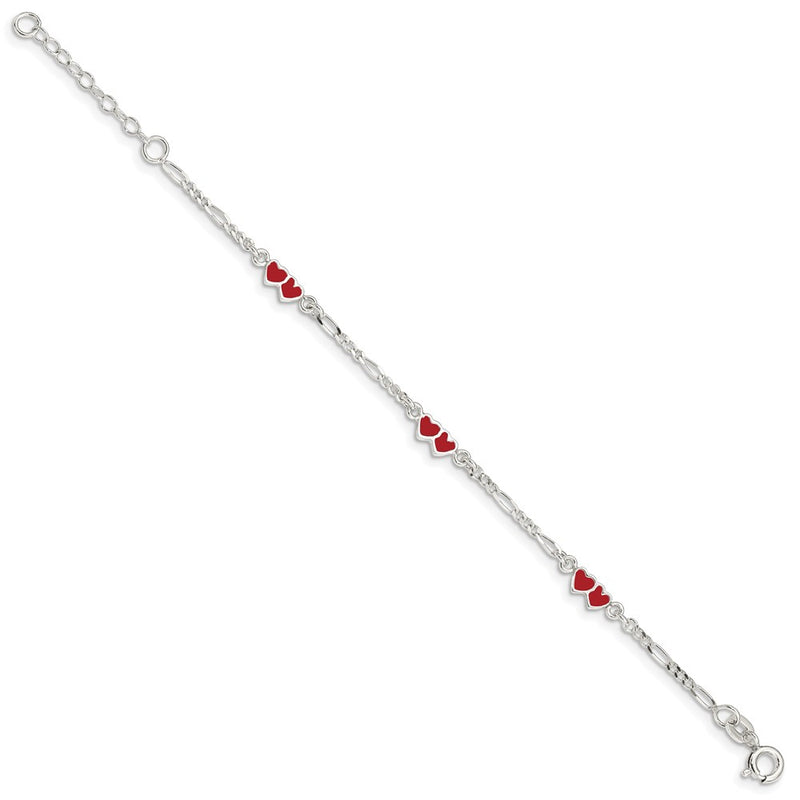 6 Inch Sterling Silver Polished & Multi-Color Enameled Double Heart With 1 Extension Children'S Bracelet