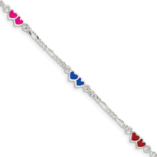6 Inch Sterling Silver Polished & Multi-Color Enameled Double Heart With 1 Extension Children'S Bracelet
