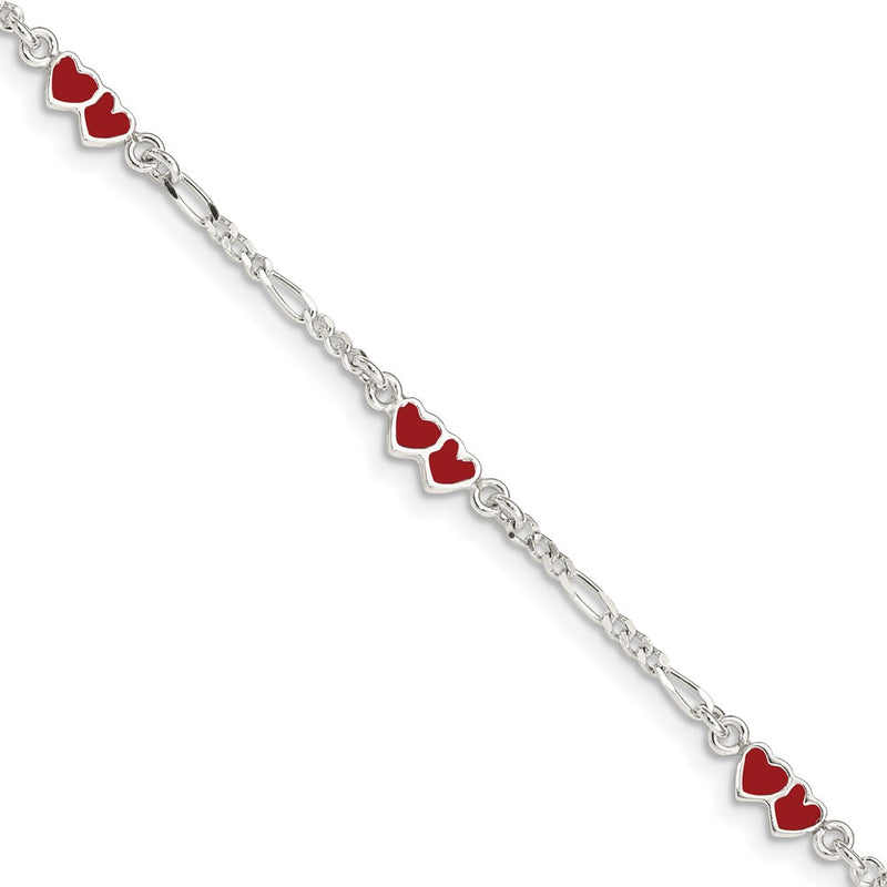 6 Inch Sterling Silver Polished & Multi-Color Enameled Double Heart With 1 Extension Children'S Bracelet