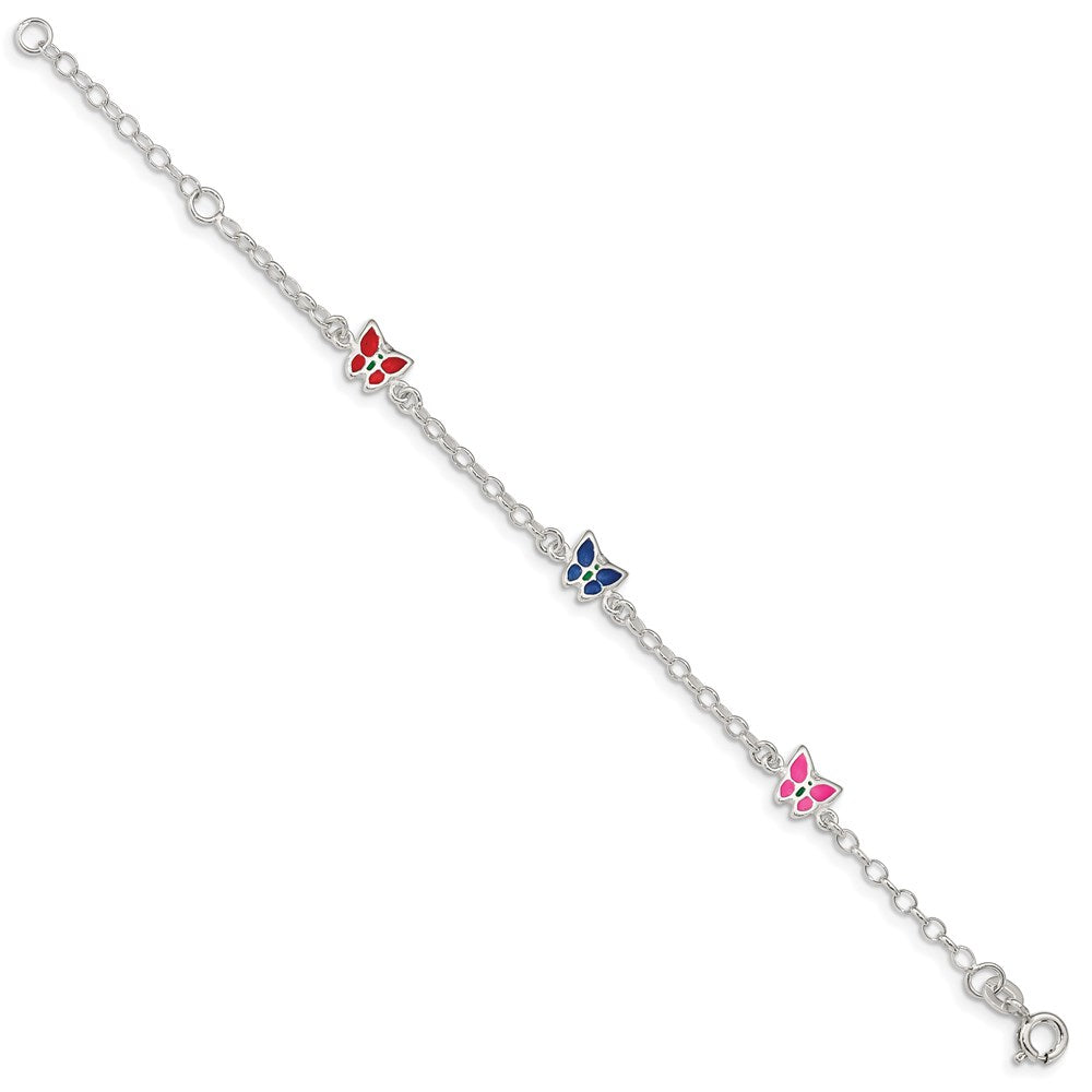 Sterling Silver Multi-Color Enamel Butterfly W/ 1In Ext. Children'S Bracele