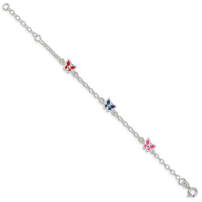 Sterling Silver Multi-Color Enamel Butterfly W/ 1In Ext. Children'S Bracele