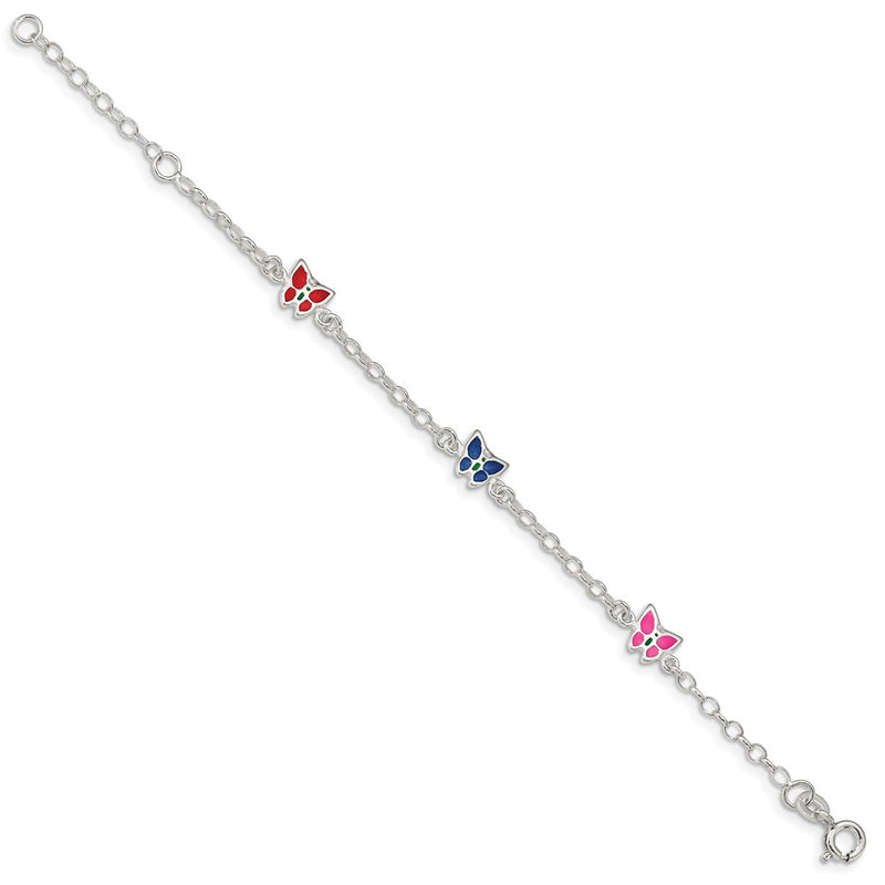 Sterling Silver Multi-Color Enamel Butterfly W/ 1In Ext. Children'S Bracele