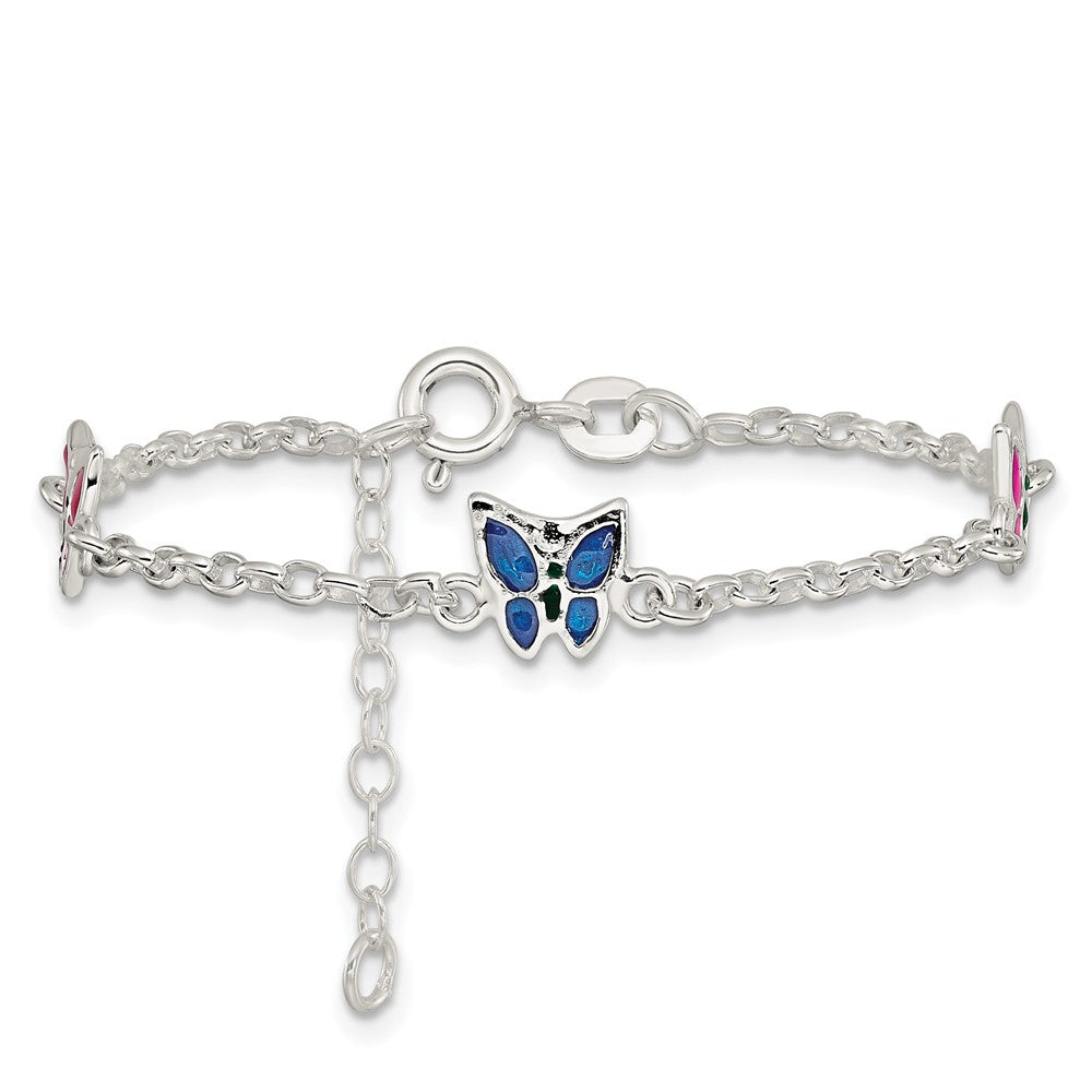 Sterling Silver Multi-Color Enamel Butterfly W/ 1In Ext. Children'S Bracele