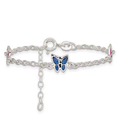 Sterling Silver Multi-Color Enamel Butterfly W/ 1In Ext. Children'S Bracele