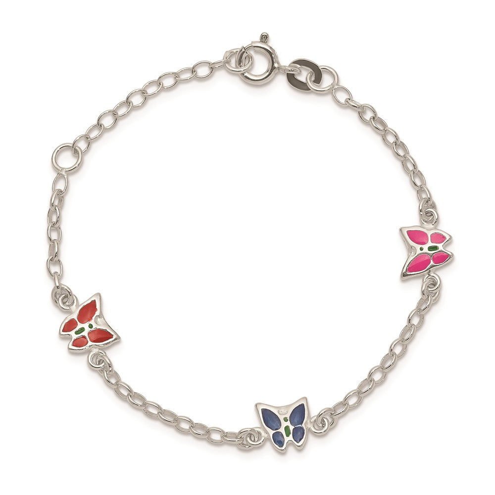 Sterling Silver Multi-Color Enamel Butterfly W/ 1In Ext. Children'S Bracele