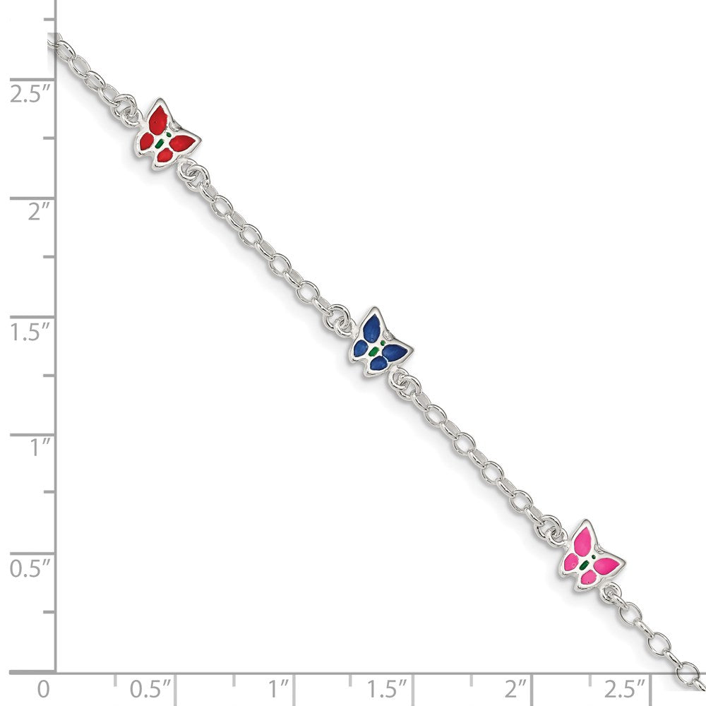 Sterling Silver Multi-Color Enamel Butterfly W/ 1In Ext. Children'S Bracele