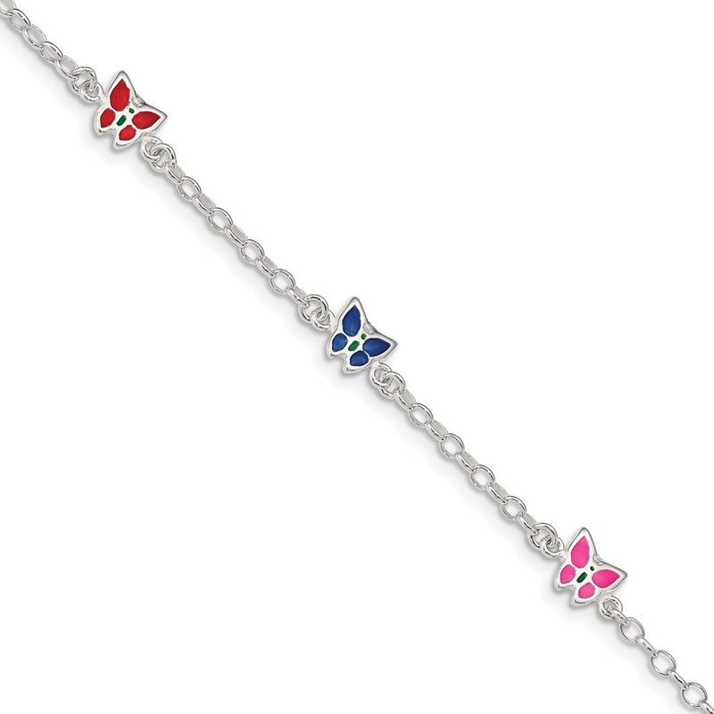 Sterling Silver Multi-Color Enamel Butterfly W/ 1In Ext. Children'S Bracele