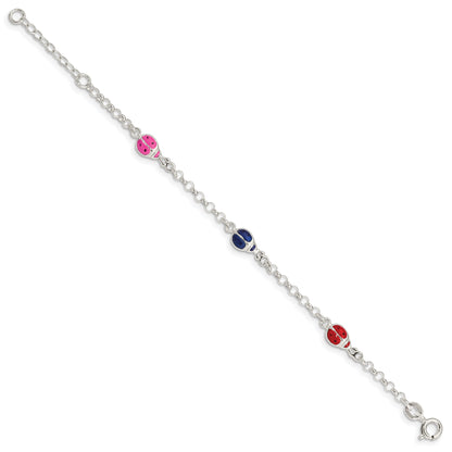6 Inch Sterling Silver Multi-Color Enamel Ladybugs W/ 1In Ext. Children'S Bracelet