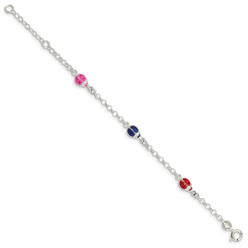 6 Inch Sterling Silver Multi-Color Enamel Ladybugs W/ 1In Ext. Children'S Bracelet