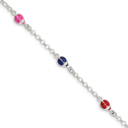 6 Inch Sterling Silver Multi-Color Enamel Ladybugs W/ 1In Ext. Children'S Bracelet
