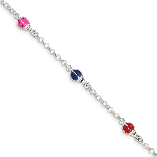 6 Inch Sterling Silver Multi-Color Enamel Ladybugs W/ 1In Ext. Children'S Bracelet