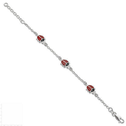6 Inch Sterling Silver Multi-Color Enamel Ladybugs W/ 1In Ext. Children'S Bracelet