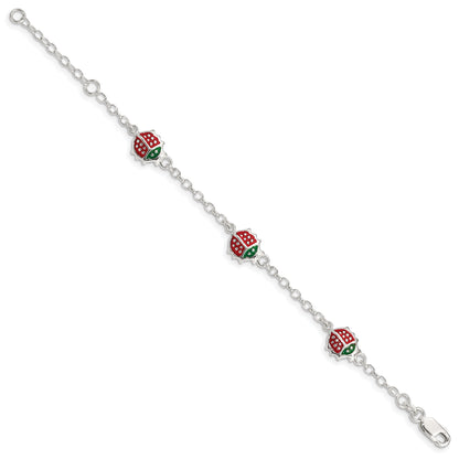 6 Inch Sterling Silver Multi-Color Enamel Ladybugs W/ 1In Ext. Children'S Bracelet