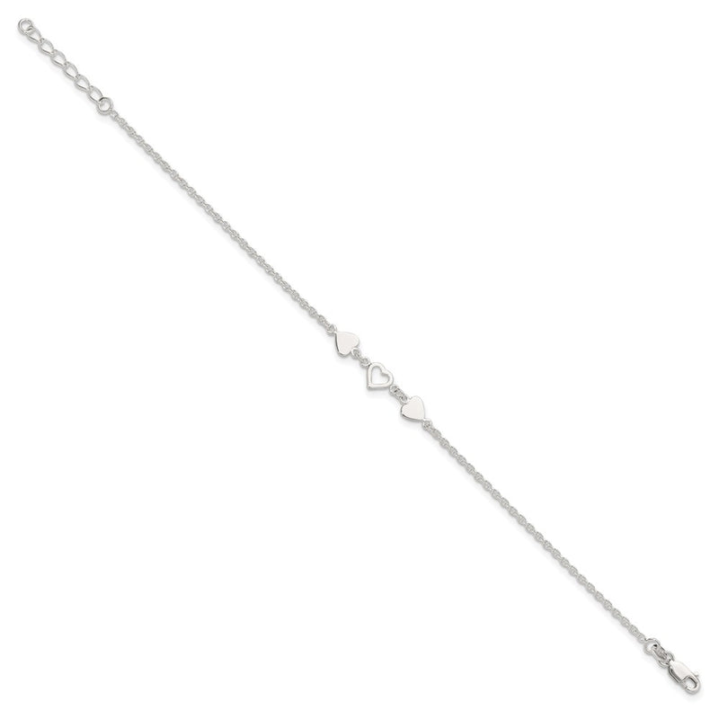 Sterling Silver 8 Inch Plus 1In Ext.Heart Link Anklet