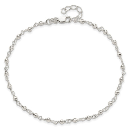 Sterling Silver Fancy Beaded 9 Inch Plus 1 Extender Lobster Clasp Anklet