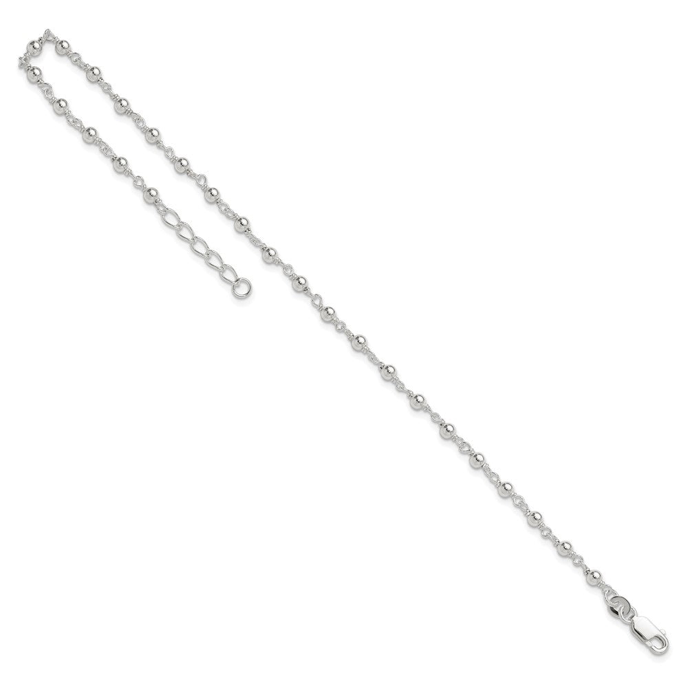 Sterling Silver Fancy Beaded 9 Inch Plus 1 Extender Lobster Clasp Anklet
