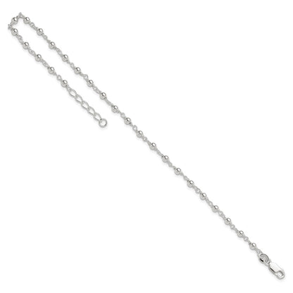 Sterling Silver Fancy Beaded 9 Inch Plus 1 Extender Lobster Clasp Anklet