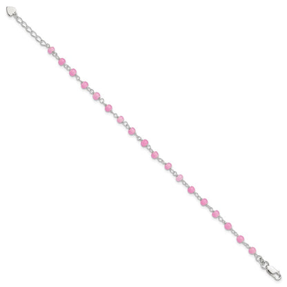 Sterling Silver Pink Glass Bead With Heart 8In Plus 1In Ext Anklet