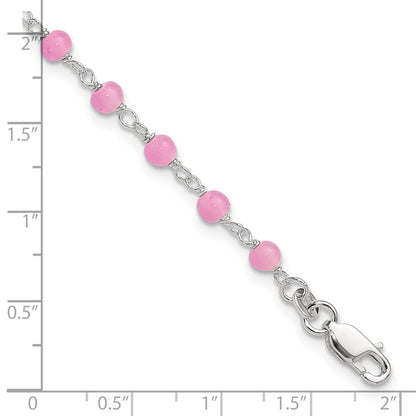 Sterling Silver Pink Glass Bead With Heart 8In Plus 1In Ext Anklet