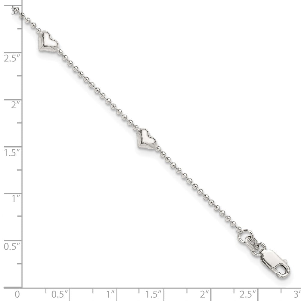 Sterling Silver Dangling Heart 9In Plus 1In Ext Anklet