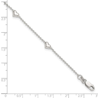 Sterling Silver Dangling Heart 9In Plus 1In Ext Anklet