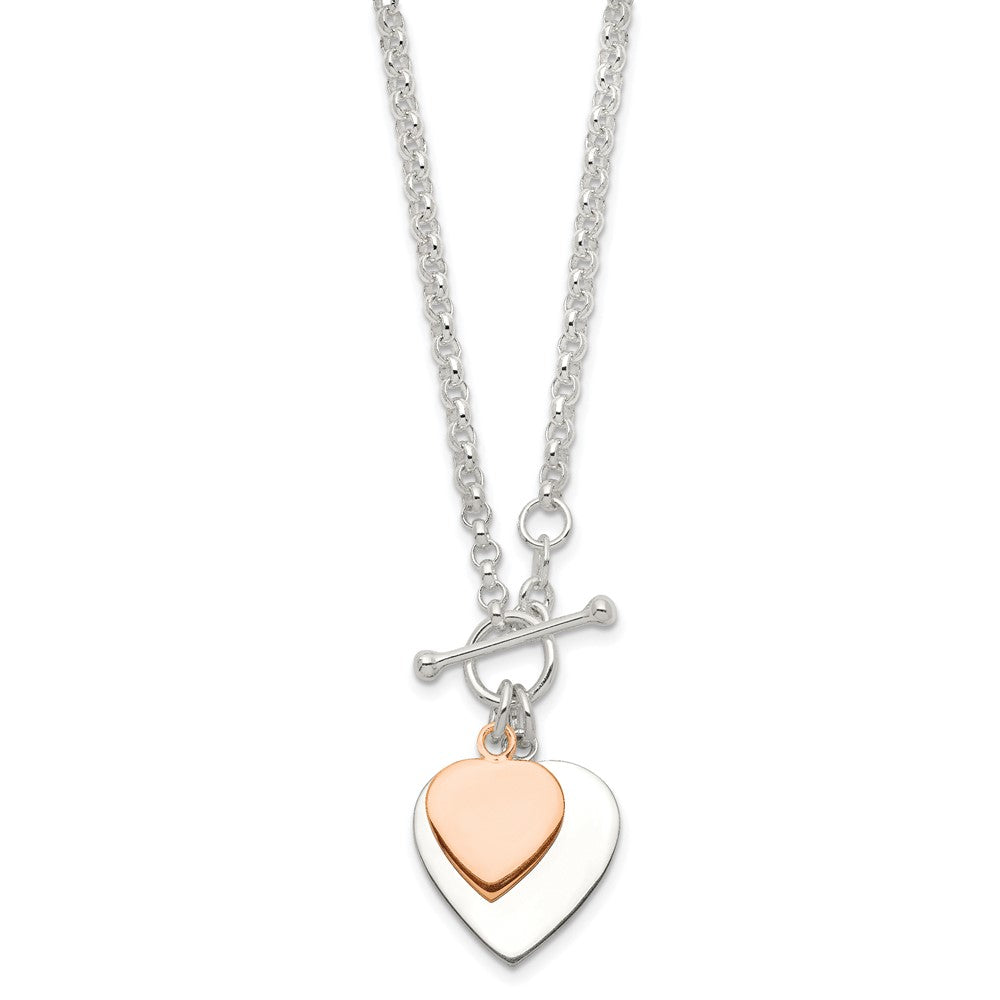 Sterling Silver W/rose Gold-Plat Engraveable Double Heart Toggle Necklace