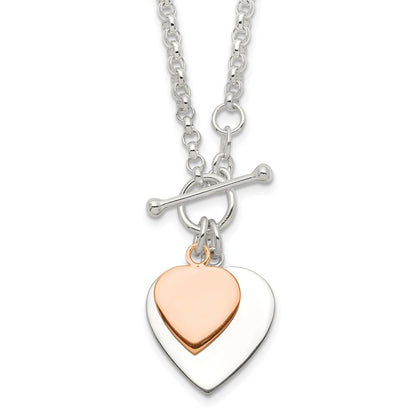 Sterling Silver W/rose Gold-Plat Engraveable Double Heart Toggle Necklace