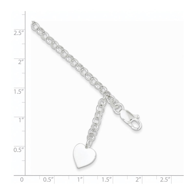 7.5 Inch Sterling Silver Engraveable Heart Charm Rolo Bracelet