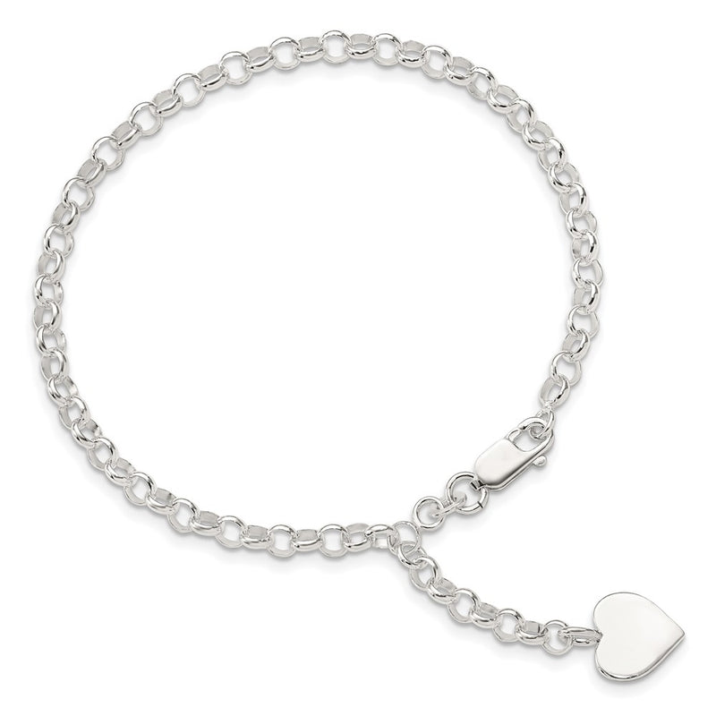 7.5 Inch Sterling Silver Engraveable Heart Charm Rolo Bracelet