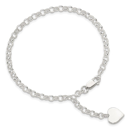 7.5 Inch Sterling Silver Engraveable Heart Charm Rolo Bracelet