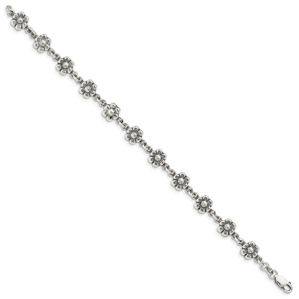 7 Inch Sterling Silver Antiqued Flower Charm Bracelet