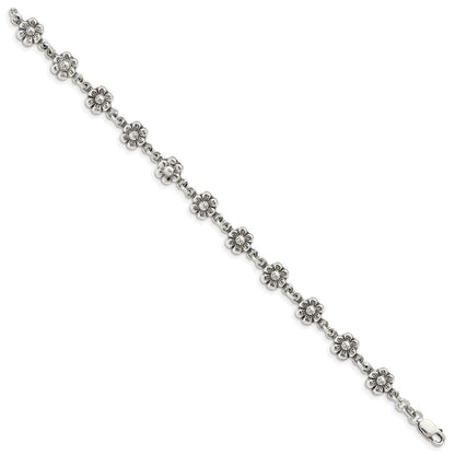 7 Inch Sterling Silver Antiqued Flower Charm Bracelet