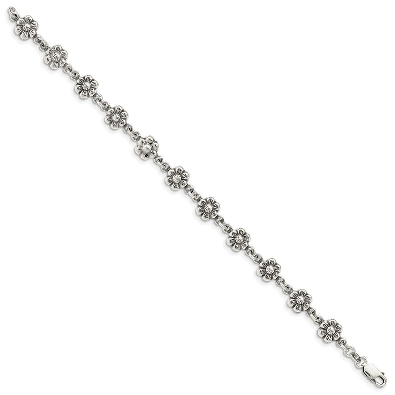 7 Inch Sterling Silver Antiqued Flower Charm Bracelet