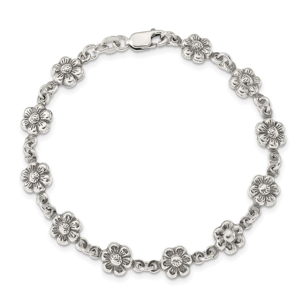 7 Inch Sterling Silver Antiqued Flower Charm Bracelet
