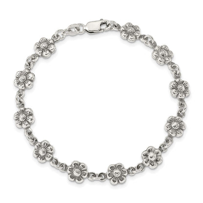 7 Inch Sterling Silver Antiqued Flower Charm Bracelet