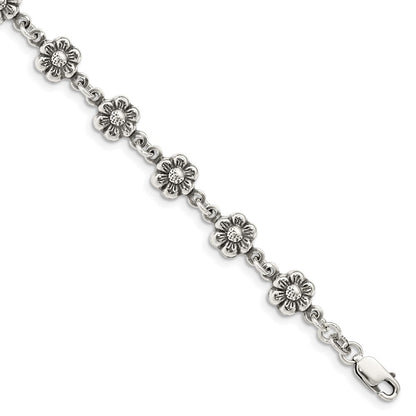 7 Inch Sterling Silver Antiqued Flower Charm Bracelet