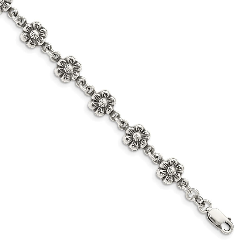 7 Inch Sterling Silver Antiqued Flower Charm Bracelet