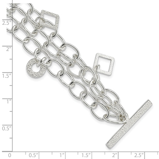 7 Inch Sterling Silver Textured Geometric Dangles Multi-Chain Bracelet