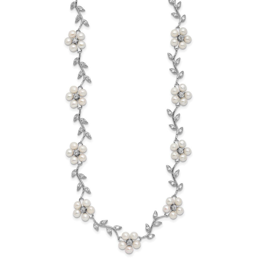 Sterling Silver Rhodium-Plated Cz Vine Pattern And Fresheater Cultured Pearl Floral 16 Inch Necklace