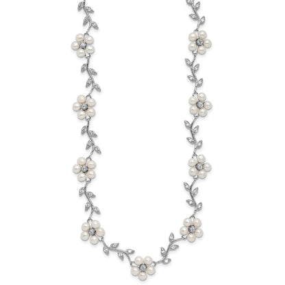 Sterling Silver Rhodium-Plated Cz Vine Pattern And Fresheater Cultured Pearl Floral 16 Inch Necklace
