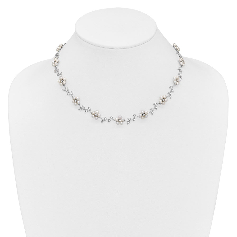 Sterling Silver Rhodium-Plated Cz Vine Pattern And Fresheater Cultured Pearl Floral 16 Inch Necklace