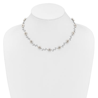 Sterling Silver Rhodium-Plated Cz Vine Pattern And Fresheater Cultured Pearl Floral 16 Inch Necklace