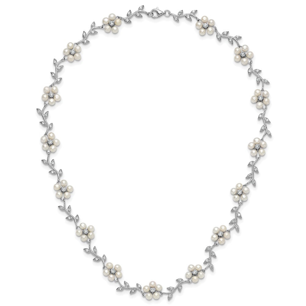 Sterling Silver Rhodium-Plated Cz Vine Pattern And Fresheater Cultured Pearl Floral 16 Inch Necklace