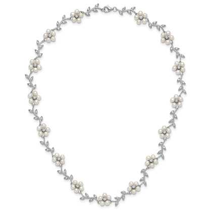 Sterling Silver Rhodium-Plated Cz Vine Pattern And Fresheater Cultured Pearl Floral 16 Inch Necklace