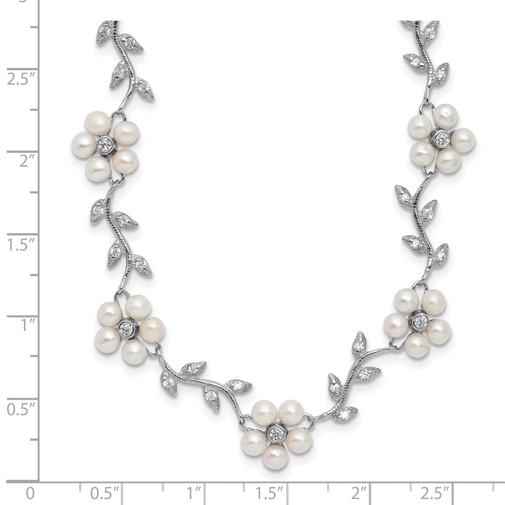 Sterling Silver Rhodium-Plated Cz Vine Pattern And Fresheater Cultured Pearl Floral 16 Inch Necklace